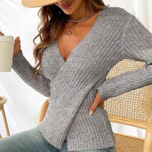 Ribbed Surplice Long Sleeve Bandage Wrap Sweater